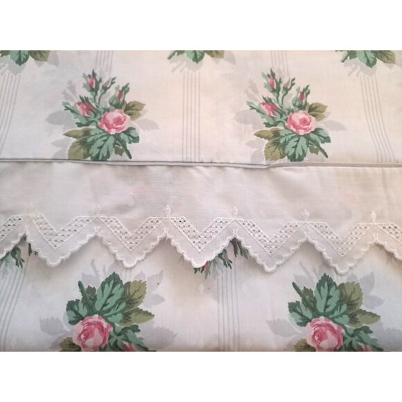 Atelier Martex Twin Flat Sheet Lace Trim Pink Rosebud White Percale Cottage - Picture 3 of 5